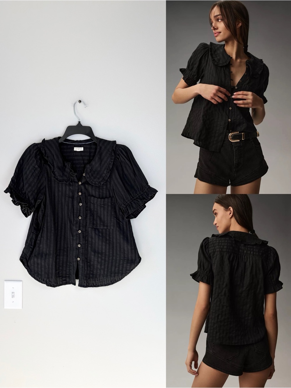 Pilcro Anthropologie Black Keira Button Up Collared Blouse Cottagecore Prairie